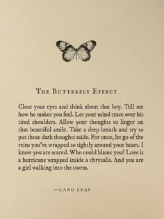 the butterfly effect is written in black ink on a white paper with an illustration of a butterfly