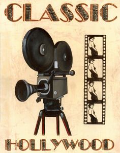 an old fashioned movie camera sitting on top of a wooden sign that says classic hollywood