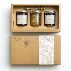 two jars of honey are in a box