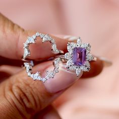 Unique Purple Amethyst & Diamonds Engagement Ring, February Birthstone Ring, Emerald Cut Purple Gemstone Anniversary Ring, Charlotte - Etsy Purple Rings Engagement, Acotar Wedding, Amethyst Jewelry Ring, Wedding Ring Set Unique, Purple Diamond Ring, Purple Engagement Rings, Fantasy Jewelry Magic, Diamond Ring Guard, Gemstone Wedding Ring