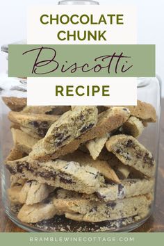 chocolate chunk biscotti recipe in a glass jar