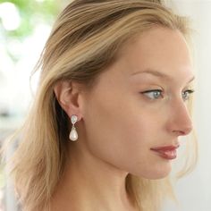 CZ and Soft Cream Pearl Drop Wedding Earrings in Pierced or Clip On Earring For Bride, Rhinestone Bridal Jewelry, Pearl Teardrop Earrings, Rose Gold Bridal Earrings, Long Statement Earrings, Silver Bridal Earrings, Ivory Earrings, Pearl Earrings Wedding, Gold Bridal Earrings