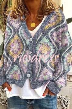 Casual Cardigan Sweater, Creative Crochet, Winter Vest, Winter Cardigan, Casual Cardigans, Casual Coat, Outfit Casual, Cardigan Coat, Fun Prints