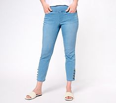 Your look? Cute as a button in these Primabelle ankle jeans. Done in classic five-pocket styling but in an easy pull-on, the four-button detail at the ankle gives this laid-back look a chic advantage. From Belle by Kim Gravel. Kim Gravel, Cute As A Button, Hem Jeans, A Button, Ankle Jeans, Button Detail, Size 16, Straight Leg, Pants