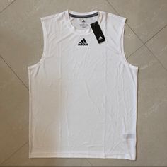 Adidas Tech Heat Rdy Tee Size:L White Adidas Shirt For Summer, Adidas White Summer Shirt, White Summer Sports Shirt, White Adidas Crew Neck Top, White Adidas Sporty Tops, Casual Adidas Sleeveless Top, White Adidas T-shirt With Moisture-wicking, Adidas Casual Sleeveless Top, White Sporty Adidas Top