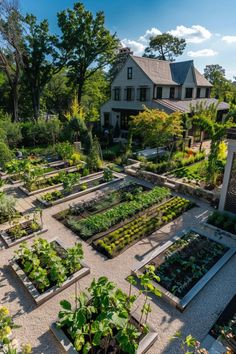 an outdoor garden with many different types of plants and flowers in the middle of it