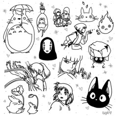 some black and white drawings with different characters on them, including cats, dogs, and other animals