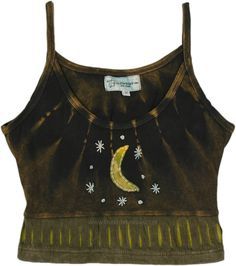 Nature Selenophile Handmade Cropped Tank Top Hippie Cotton Sleeveless Crop Top, Hippie Sleeveless Cotton Crop Top, Green Cotton Festival Crop Top, Festival Green Cotton Crop Top, Summer Acid Wash Cotton Crop Top, Moon Outfit, Hippie Tank Tops, Moon Top, Green Tunic