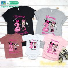 three minnie mouse shirts with the number two on them