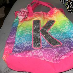 Nwot Justice Silver Glitter Initial K Rainbow Bag Can Fit Books Laptop Has Three Straps Velcro Together Large Size Tote Great Condition Smoke Free Home Trendy Pink Glitter Bags, Justice Bags, Justice Store, Initial K, Rainbow Bag, Pink Rainbow, Teen Girls, Silver Glitter, Womens Tote Bags