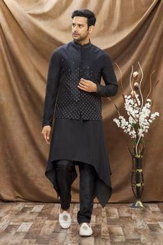 Shop for Vivek Karunakaran Black Poly Raw Silk Star Embroidered Bundi for Men Online at Aza Fashions Kurta Set For Men, Nehru Jackets, Thread Work, Kurta Set, Designer Gowns, Formal Shirts, Embroidered Silk, Kids Sleepwear, Raw Silk