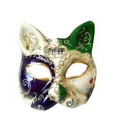 This ornate cat mask features black and white or purple, green and gold patters with gold glitter swirls and red hearts on the face. Each mask has painted accents around the eyelets. Masks come with black ribbons to tie. Available in individual pieces, 6-pack, or by the dozen! Metal Mask, Feather Mask, Comedy And Tragedy, New Orleans Mardi Gras, Mardi Gras Beads, Beaded Hat, Cat Mask, Big Balls, Black Ribbon