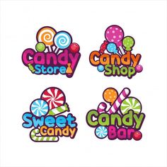 four candy shop stickers with the words candy store, sweet candy and candy bar