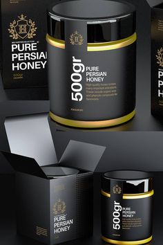 the packaging design for pure persian honey is shown in black and gold, with an open box next to it