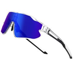 a pair of sunglasses with blue mirrored lenses on the top and bottom half of it