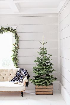 a couch sitting next to a christmas tree in front of a mirror on the wall