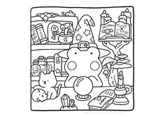 a black and white drawing of an animal in a store with many items on the shelves