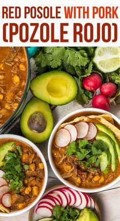 three bowls filled with chili, avocado and red posole soup next to sliced radishes