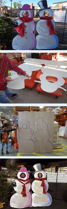 there are three different pictures of people making snowmen out of paper plates and cardboard