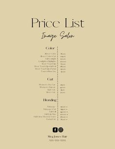 the price list for an antique salon in black and white, with text on it