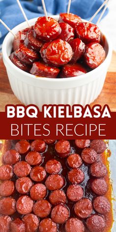 bbq kielbasa bites recipe in a white bowl with toothpicks on top