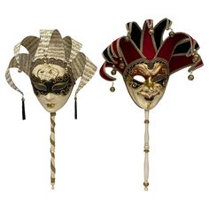 Vintage Pair of Venetian Masquerade Masks on Opera Sticks | From a unique collection of antique and modern Carnival Art at https://www.1stdibs.com/furniture/folk-art/carnival-art/. Jester Masquerade Mask, Modern Carnival, Vintage Jester, Jester Mask, Masquerade Prom, Opera Mask, Masquerade Ball Mask, Carnival Art, Venetian Masquerade Masks