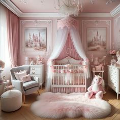 Cozy and whimsical nursery room designed with a princess theme, featuring soft pink walls and a fairytale castle mural Princess Nursery Theme, Baby Girl Arrival, Princess Nursery Room, Princess Room Decor, Ideas Habitaciones, Princess Nursery, Baby Room Themes