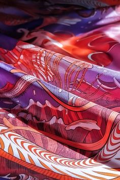 an assortment of different colored silks with designs on them, all laying side by side