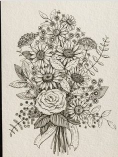 a bouquet of flowers is drawn in black ink on white paper, with leaves and berries