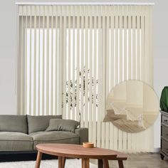 a living room with a couch, coffee table and vertical blinds