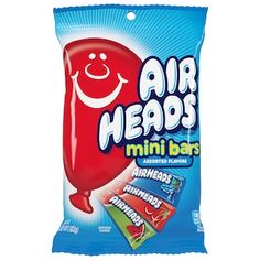 air heads mini bars are on display in a bag, with an image of a smiling balloon