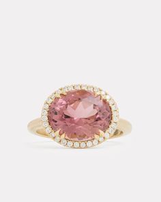 18K Yellow Gold Pink Tourmaline Oval Ring with Pave Setting, .99 TCWOrnament is 5/8 Inch Long x 1/2 Inch Wide Sold Out Please Inquire Style# YRPOPTW Pear Shaped Ring, Oval Ring, Oval Rings, Pave Setting, Floral Necklace, Bracelet Collection, Signature Collection, Pink Tourmaline, Ring Necklace