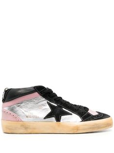 black silver-tone metallic finish distressed effect signature star patch to the sides logo patch at the tongue front lace-up fastening round toe flat rubber sole Golden Goose Mid Star Pink, Golden Goose Deluxe Brand, Golden Goose, Sneakers Black, Lace Front, Womens Shoes Sneakers, Patch Logo, Black Silver, Calf Leather