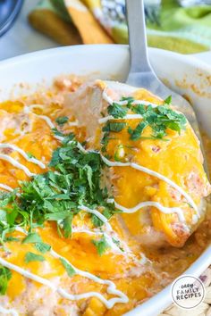 a white bowl filled with chicken enchilada soup and garnished with cilantro