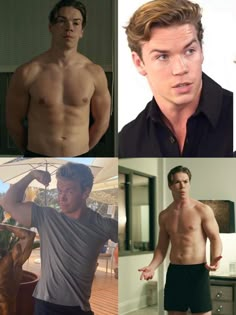 four different pictures of shirtless men with no shirts on and one man without his shirt