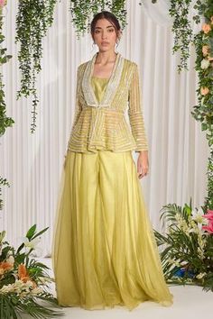 Shop for Nidhika Shekhar Green Shantoon Hariyali Embroidered Jacket Sharara Set for Women Online at Aza Fashions Satin Sharara, Jacket Sharara, Sharara Suit Designs, Green Sharara, Organza Jacket, Sharara Designs, Fusion Wear, Western Dresses For Women, Mehendi Outfits