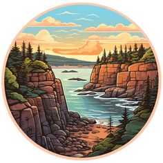 a painting of the ocean and mountains with trees on each side in a circular frame