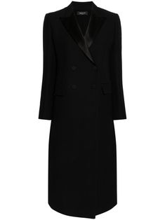 black wool-silk blend crepe texture peak lapels long sleeves dart detailing to the front two front flap pockets central rear vent full lining double-breasted button fastening Elegant Lookbook, Money Aesthetics, Airport Fashion, Double Breasted Coat, Coat Black, Business Attire, Outerwear Coats, Black Wool, Outerwear Women