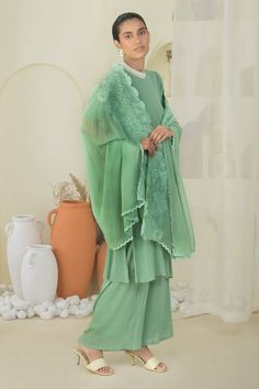 Grassy green micro pleated kurta with pearl embroidered band collar. Comes with coordinating pant, an inner slip and organza silk floral embroidered dupatta. - Aza Fashions Kurta Set With Dupatta, Embroidered Dupatta, Band Collar, Kurta Set, Aza Fashion, Custom Made, Silk, Band, Collar