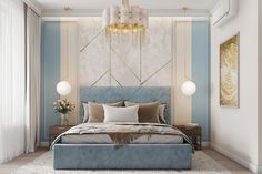 a bedroom with blue and white walls, gold accents and a bed in the middle