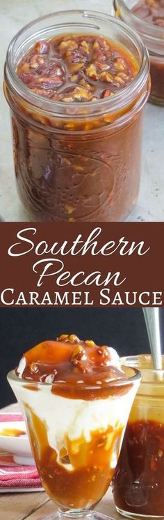 homemade southern pecan caramel sauce in small glass dishes