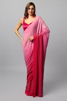 Ashley Luxe Fuchsia Ombre Georgette Sequin One Minute Saree Bridesmaid Sarees, Reception Sarees, One Minute Saree, Formal Saree, Ruffle Saree, Kalamkari Saree, Bandhani Saree, Casual Saree, Kanjivaram Sarees