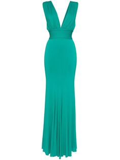 aqua green pleat detailing plunging V-neck V-back rear zip fastening flared skirt floor-length curved hem Gown Green, Turquoise Fashion, Tank Dresses, Wardrobe Edit, Yoko London, Boots Fall, Exclusive Fashion, Aqua Green, Flared Skirt