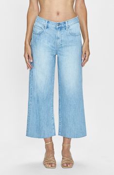 Slender stripes create visual intrigue on nonstretch-denim jeans fitted with a high rise and cropped wide legs for contemporary appeal. 26" inseam; 25" leg opening; 11 3/4" front rise; 15 1/2" back rise (size 29) Zip fly with button closure Five-pocket style 77% cotton, 23% rayon Machine wash, tumble dry Imported Spring Wide Leg Pants With Vertical Stripes, Pinstripe Wide Leg Pants For Spring, Spring Pinstripe Wide Leg Straight Pants, Spring Pinstripe Straight Leg Pants, Striped Denim Bottoms With Five Pockets, Relaxed Fit Striped Wide Leg Pants For Spring, Striped Relaxed Fit Straight Leg Jeans, Modern Wide Leg Cropped Jeans For Spring, Striped Wide-leg Denim Jeans