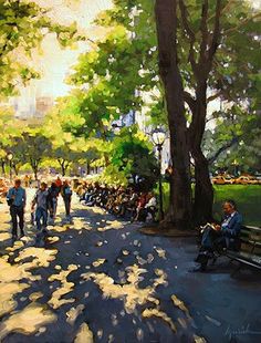 a painting of people sitting on park benches