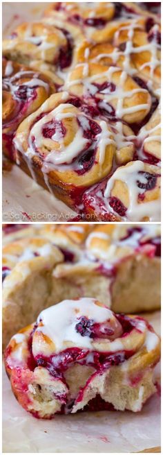 two different views of the pastry with icing on top and in the bottom, there is an image of some pastries that have been cut into smaller pieces