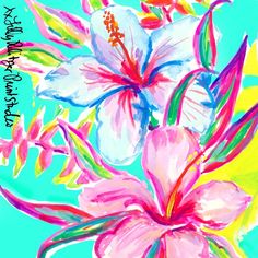 a painting of pink and white flowers on a blue background