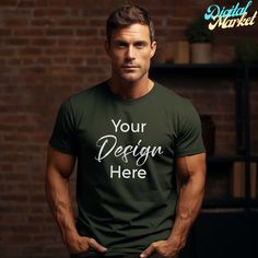 Introducing our Military Green Gildan T-Shirt Mockup, a captivating blend of rugged charm, versatility, and contemporary style. This striking mockup showcases a charismatic male model, infusing your design concepts with a touch of modern sophistication and military-inspired flair. The distinguished military green canvas of this Gildan T-shirt mockup provides the ideal backdrop for your creative ideas. Whether you're a fashion designer aiming for a rugged yet stylish statement piece, an entrepren Customizable Green Short Sleeve Tops, Customizable Green Crew Neck T-shirt, Customizable Green Short Sleeve T-shirt, Customizable Green Cotton Shirt, Customizable Green Cotton Tops, A Fashion Designer, T Shirt Mockup, Green Tshirt, Design Concepts