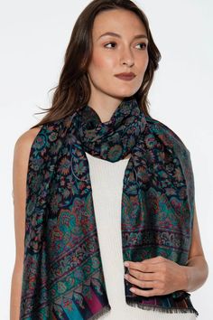 Our Jamevar Shawls are made with 100% modal and showcase the classic lightweight shawl weaves of Northern India in a jacquard weave design. Available in stunning jewel-tone colors, this exquisite shawl is ultra-soft and luxurious and can be worn in a variety of styles. Elegant Jamawar Shawl, Elegant Festive Pashmina Scarves, Elegant Pashmina Scarves For Festive Occasions, Elegant Jamawar Scarves For Festive Occasions, Elegant Festive Jamawar Scarves, Elegant Pashmina Shawl With Traditional Drape, Elegant Jamawar Dupatta Scarf, Elegant Jamawar Dupatta, Elegant Festive Pashmina Silk Scarf