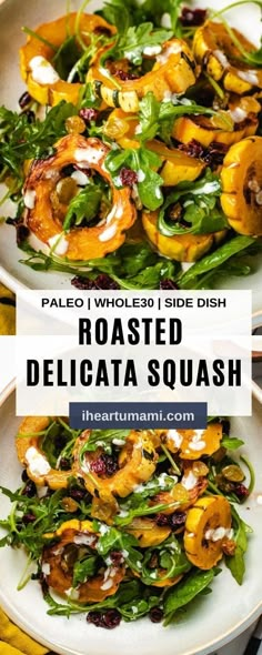 roasted delicata squash salad on two white plates with the title text below it